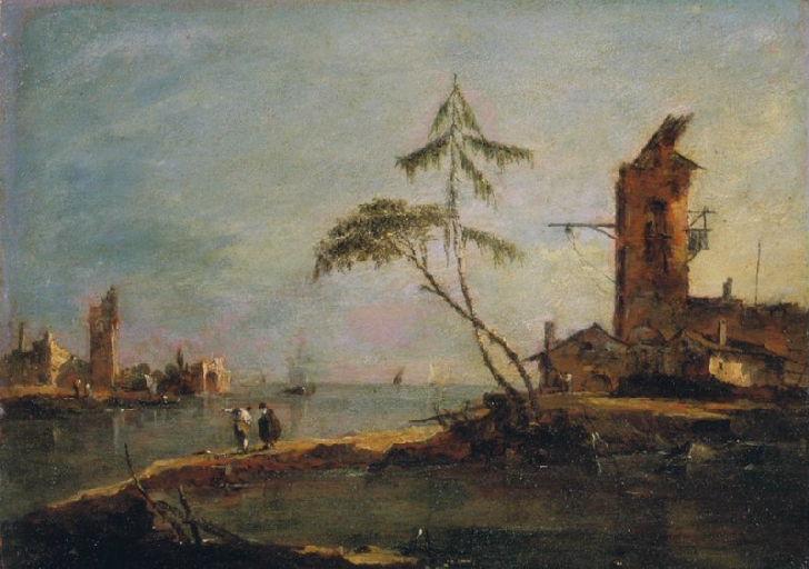 Vue de l'entrée d'un chenal avec deux tours - Francesco Guardi image 1 reproduction de peinture à l’huile