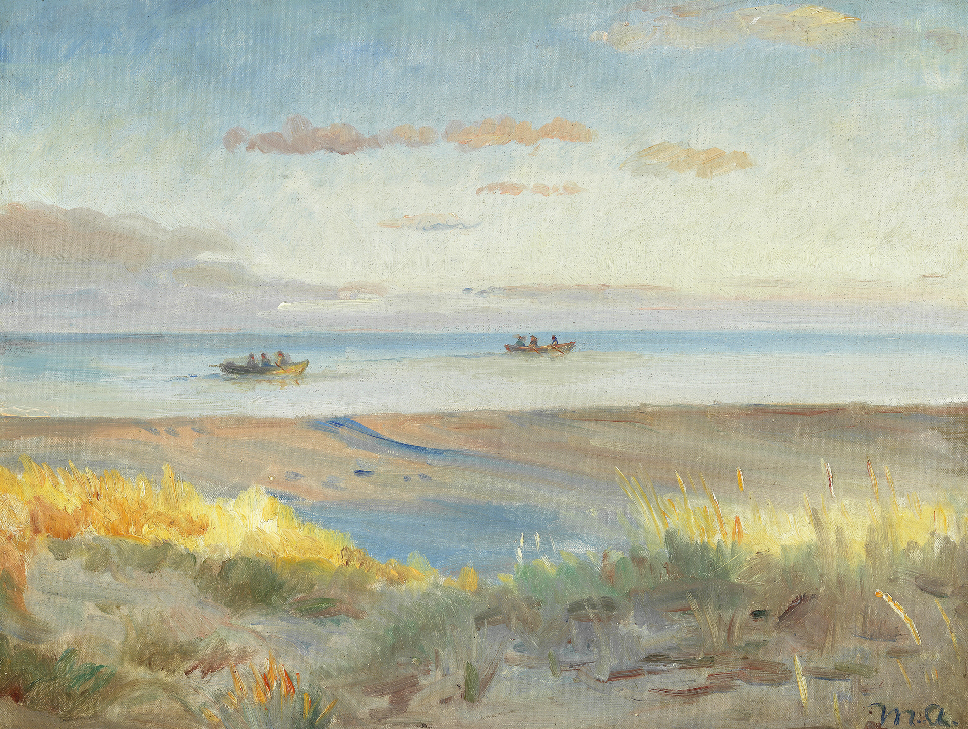 Vue de la plage de Skagen au coucher du soleil. Des pêcheurs en barques à rames sur la mer. - Michael Peter Ancher image 1 tableau peint à l’huile sur toile