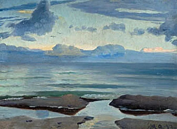 Vue de la plage de Skagen avec des mouettes à l'horizon, en début de soirée. - Michael Peter Ancher