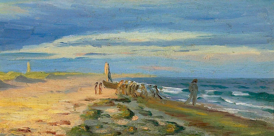Vue de la plage de Skagen avec des personnes à bord d'un bateau. Le phare de Skagen se dresse à l'arrière-plan. - Michael Peter Ancher