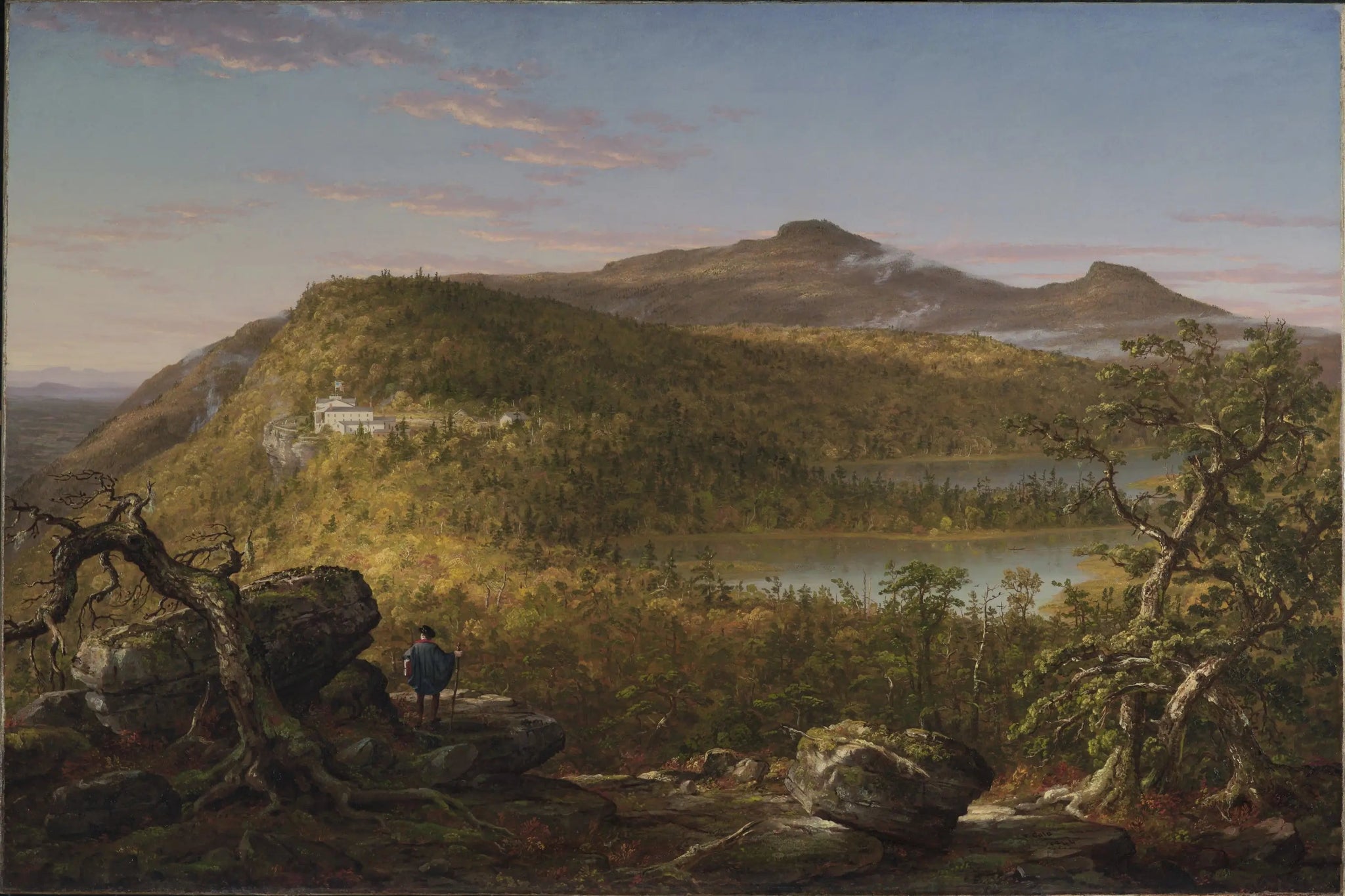 Vue des deux lacs et de Mountain House, montagnes Catskill, matin - Thomas Cole image 1 copie peinte à la main à l’huile