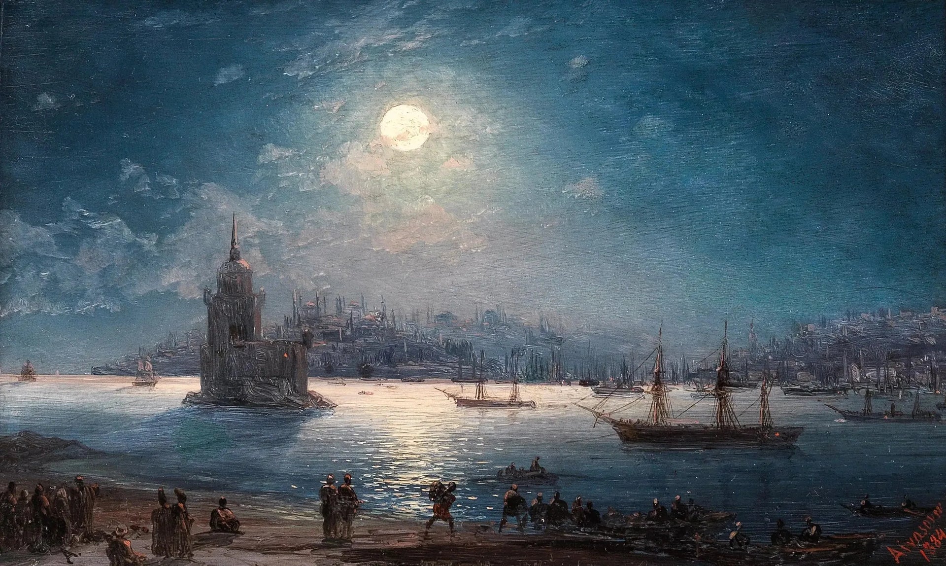 Vue du Bosphore avec Sainte-Sophie et la tour de la Vierge au clair de lune - Ivan Aïvazovski image 1 copie peinte à la main à l’huile