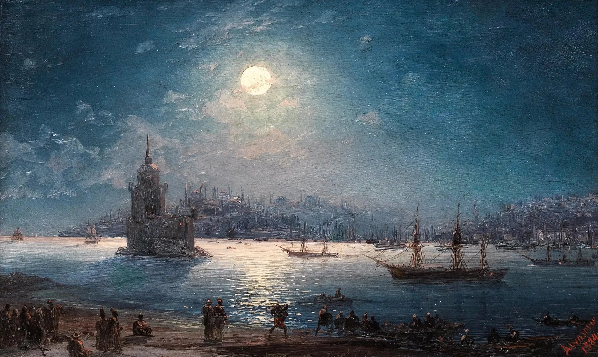 Vue du Bosphore avec Sainte-Sophie et la tour de la Vierge au clair de lune - Ivan Aïvazovski image 1 copie peinte à la main à l’huile