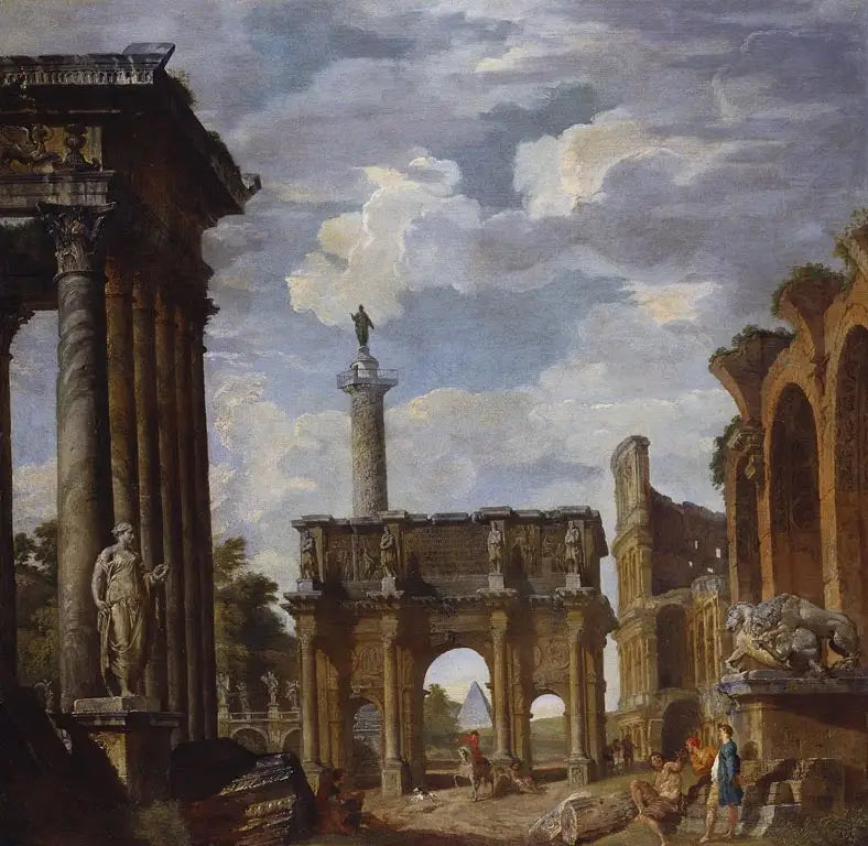 Vue du Caprice avec l'Arc de Constantin et d'autres ruines romaines - Giovanni Paolo Panini image 1 reproduction artisanale de tableau