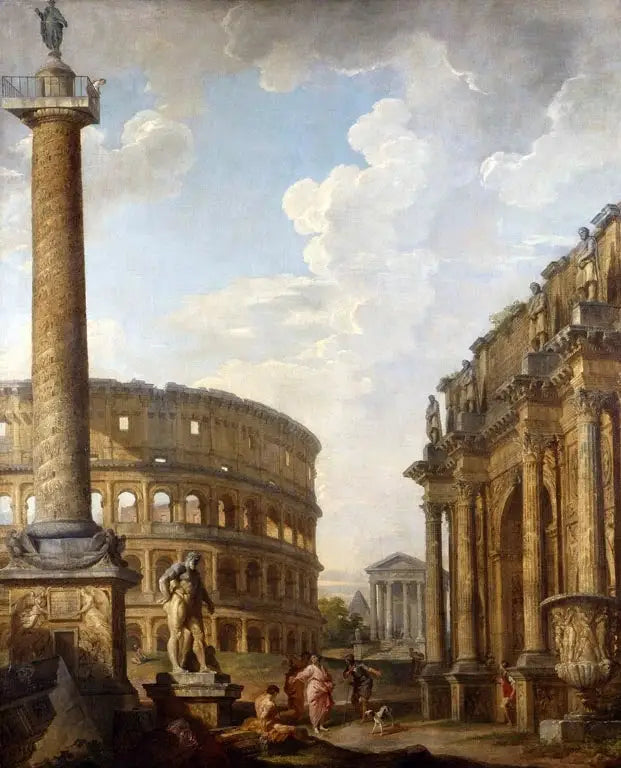 Vue du Caprice avec la colonne Trajane et les ruines romaines - Giovanni Paolo Panini image 1 copie de tableau peinte à la main