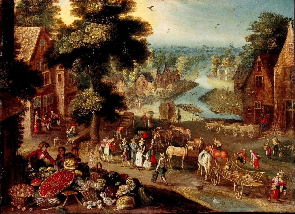 Vue du village avec son marché aux légumes - Jan Brueghel l'Ancien image 1 copie de tableau peinte à la main