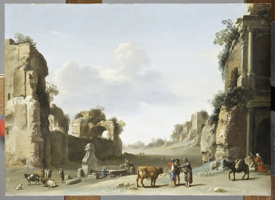 Vue de fantaisie du Campo Vaccino à Rome avec un âne - Cornelis van Poelenburgh