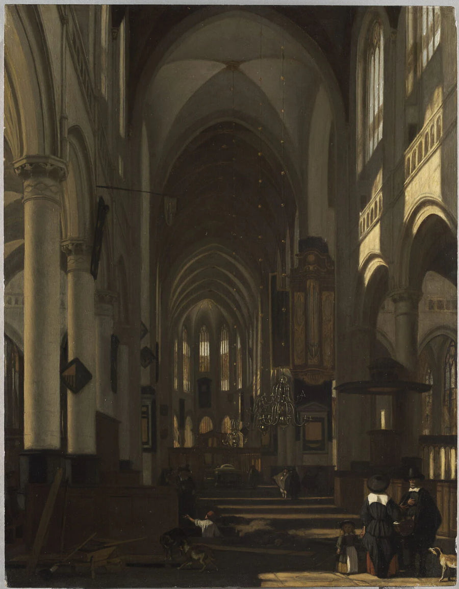 Vue imaginaire d’une église protestante de style gothique, avec un tombeau et diverses figures - Emmanuel de Witte