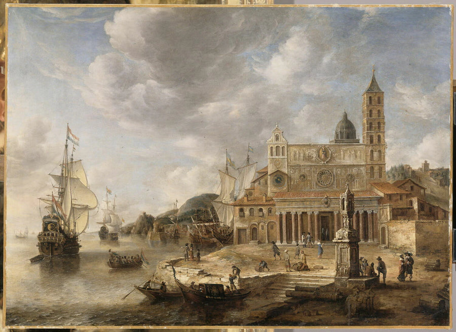 Vue imaginaire d'un port avec la façade de Sainte-Marie-Majeure de Rome - Jan Abrahmsz. Beerstraten