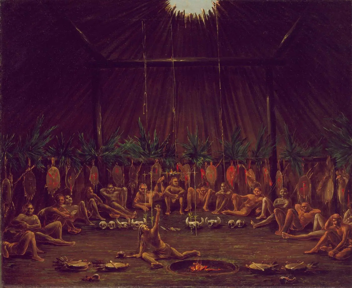 Vue intérieure du Medicine Lodge, cérémonie Mandan O-kee-pa - George Catlin image 1 reproduction artisanale de tableau