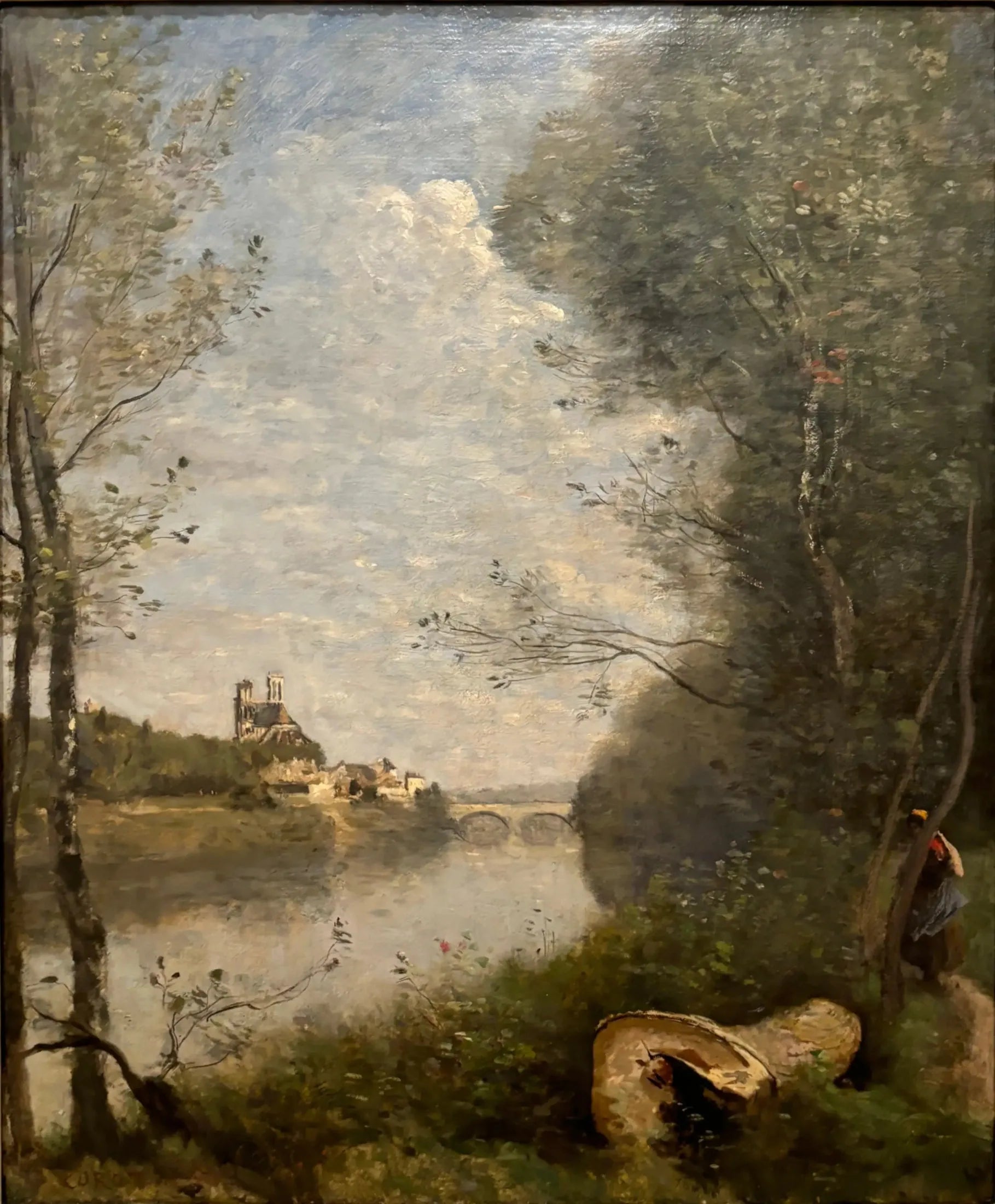 Vue lointaine de la cathédrale de Mantes - Jean-Baptiste Camille Corot image 1 reproduction de peinture à l’huile