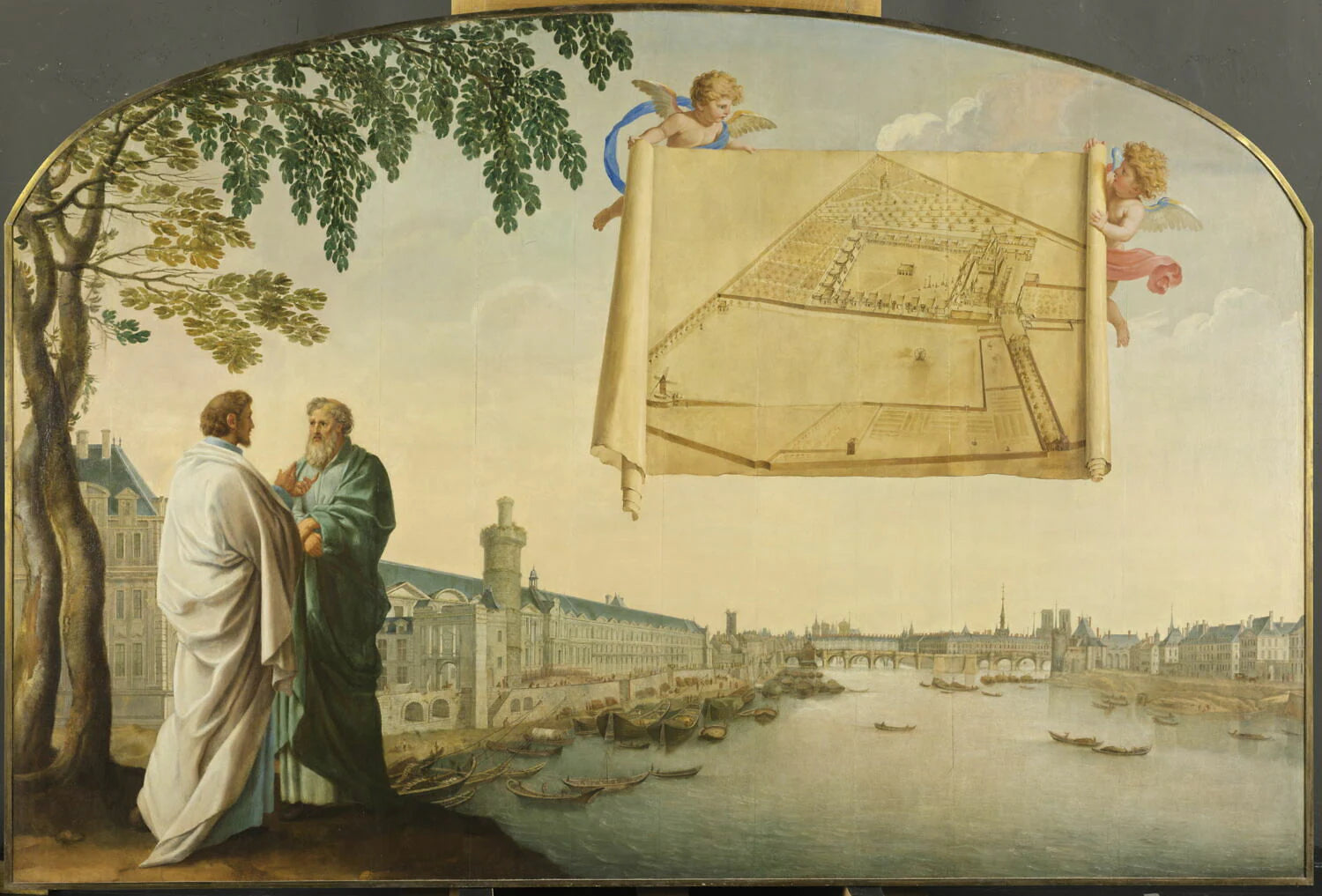 Vue de Paris avec le plan de la Chartreuse de Paris porté par deux angelots - Eustache Le Sueur