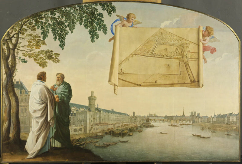 Vue de Paris avec le plan de la Chartreuse de Paris porté par deux angelots - Eustache Le Sueur