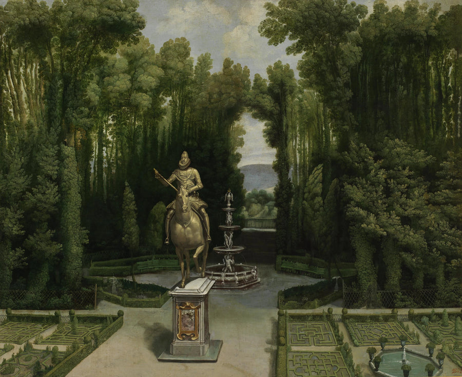 Vue sur les jardins de la Casa de Campo avec la statue de Felipe III - Artiste inconnu