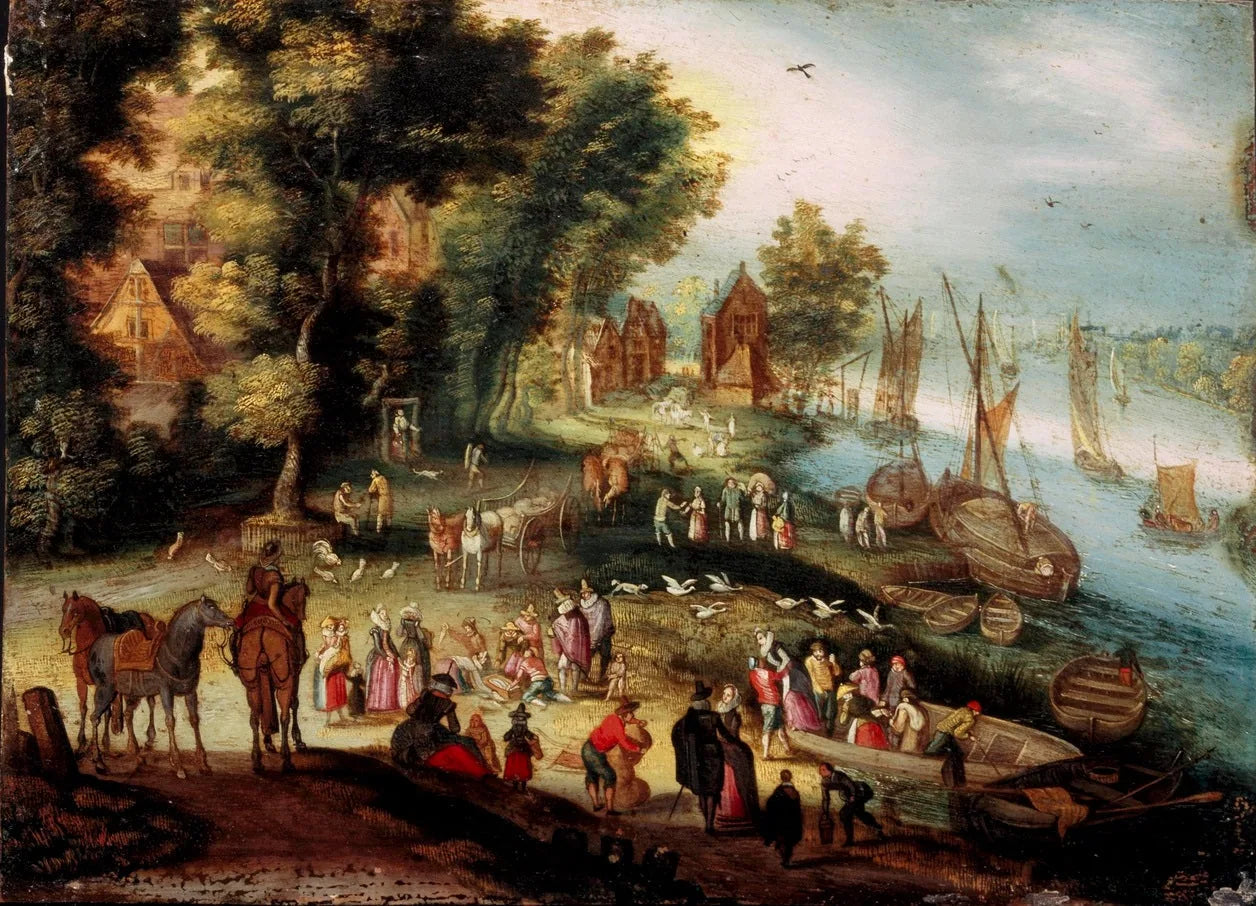 Vue sur la rivière et marché aux poissons - Jan Brueghel l'Ancien image 1 tableau peint à l’huile sur toile