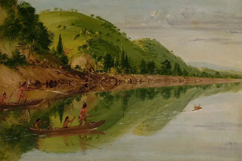 Vue sur la rivière Saint-Pierre, des Indiens Sioux poursuivant un cerf dans leurs canoës - George Catlin