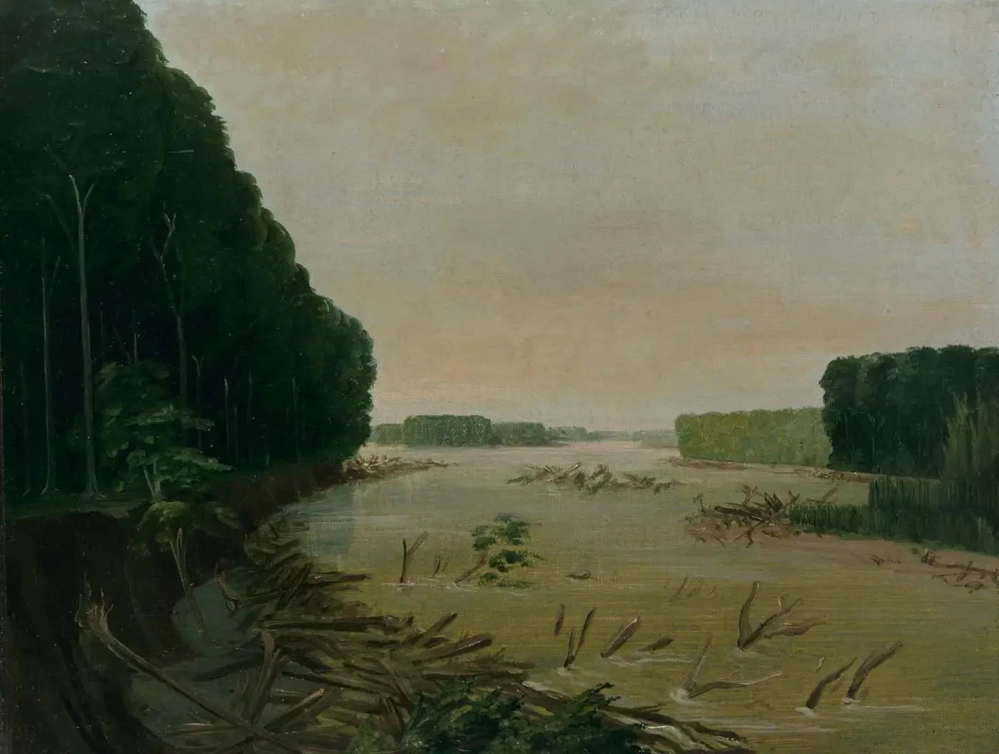 Vue sur le Missouri, les bancs alluviaux s'effondrent, à 966 kilomètres au-dessus de Saint-Louis - George Catlin image 1 copie peinte à la main à l’huile