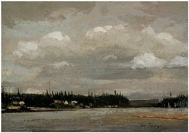 Vue sur un lac : rivage avec maisons - Tom Thomson image 1 copie peinte à la main à l’huile
