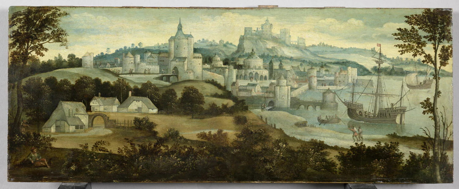 Vue d'une ville fortifiée avec un port - Lucas van Gassel