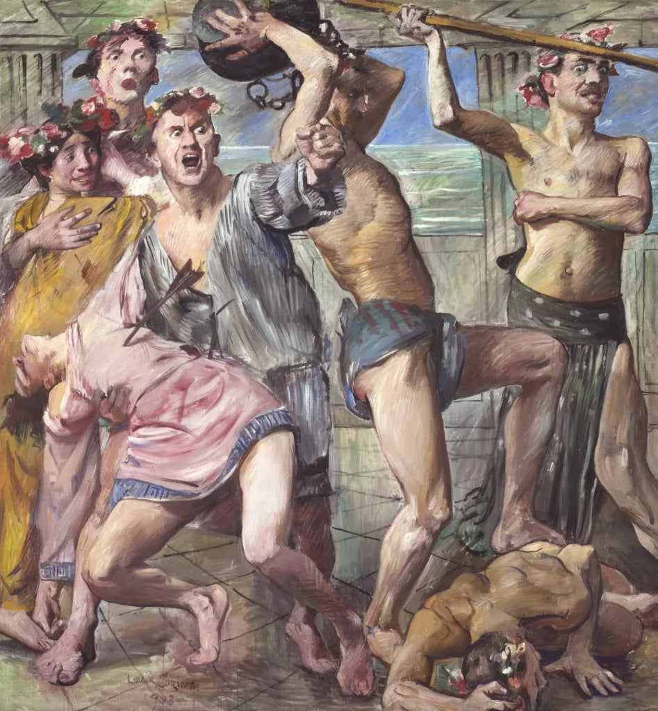 Wandschmuck der Villa Katzenellenbogen: Die Freier im Kampf gegen Odysseus - Lovis Corinth image 1 copie peinte à la main à l’huile