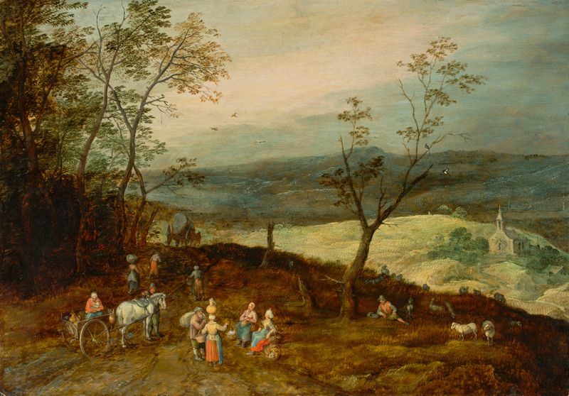 Weite hügelige Landschaft mit Rast auf der Landstraße - Jan Brueghel le Jeune image 1 reproduction artisanale de tableau
