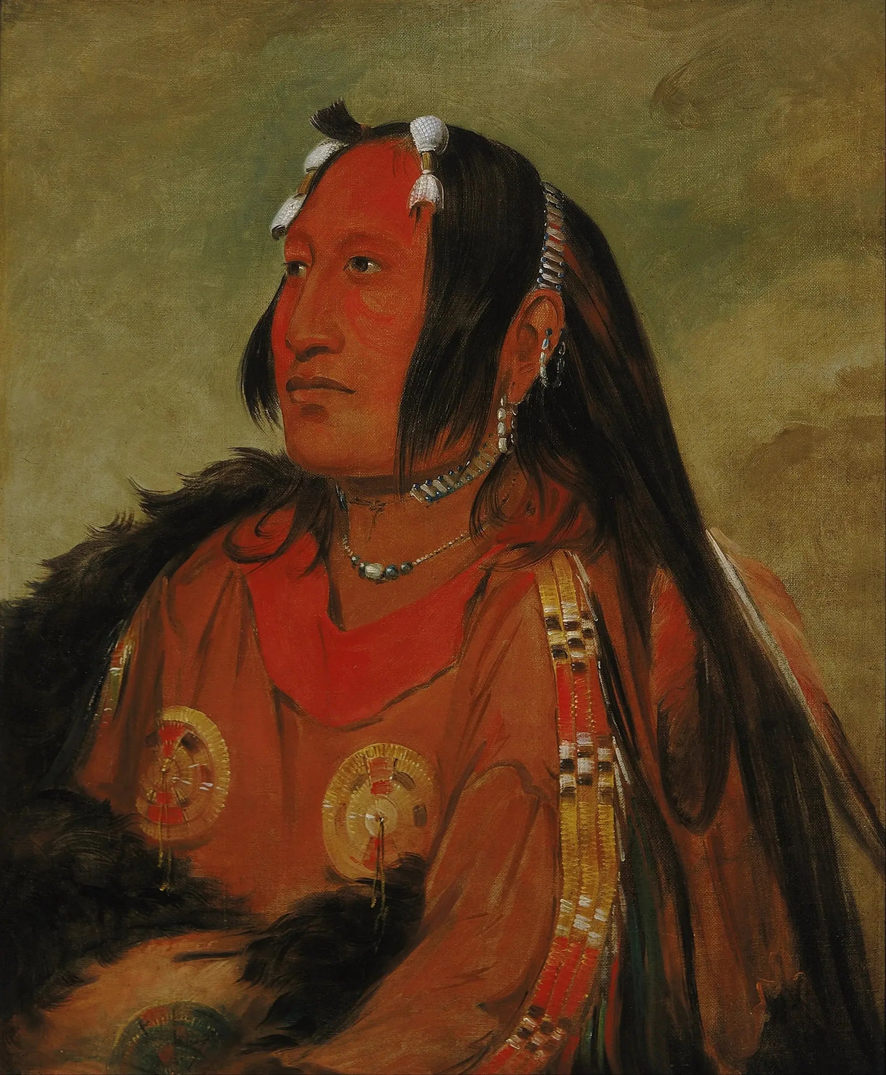 Wi-jún-jon, Tête d'œuf de pigeon (La Lumière), un jeune guerrier distingué - George Catlin image 1 reproduction artisanale de tableau