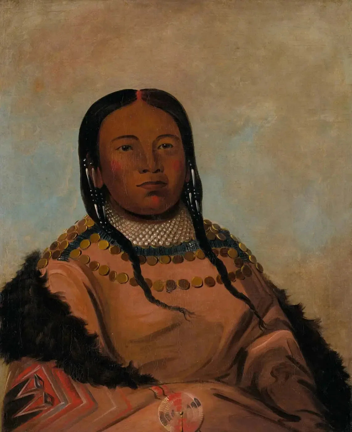 Wi-lóoh-tah-eeh-tcháh-ta-máh-nee, Chose rouge qui touche en marchant, Fille du Rocher noir - George Catlin image 1 tableau peint à l’huile sur toile