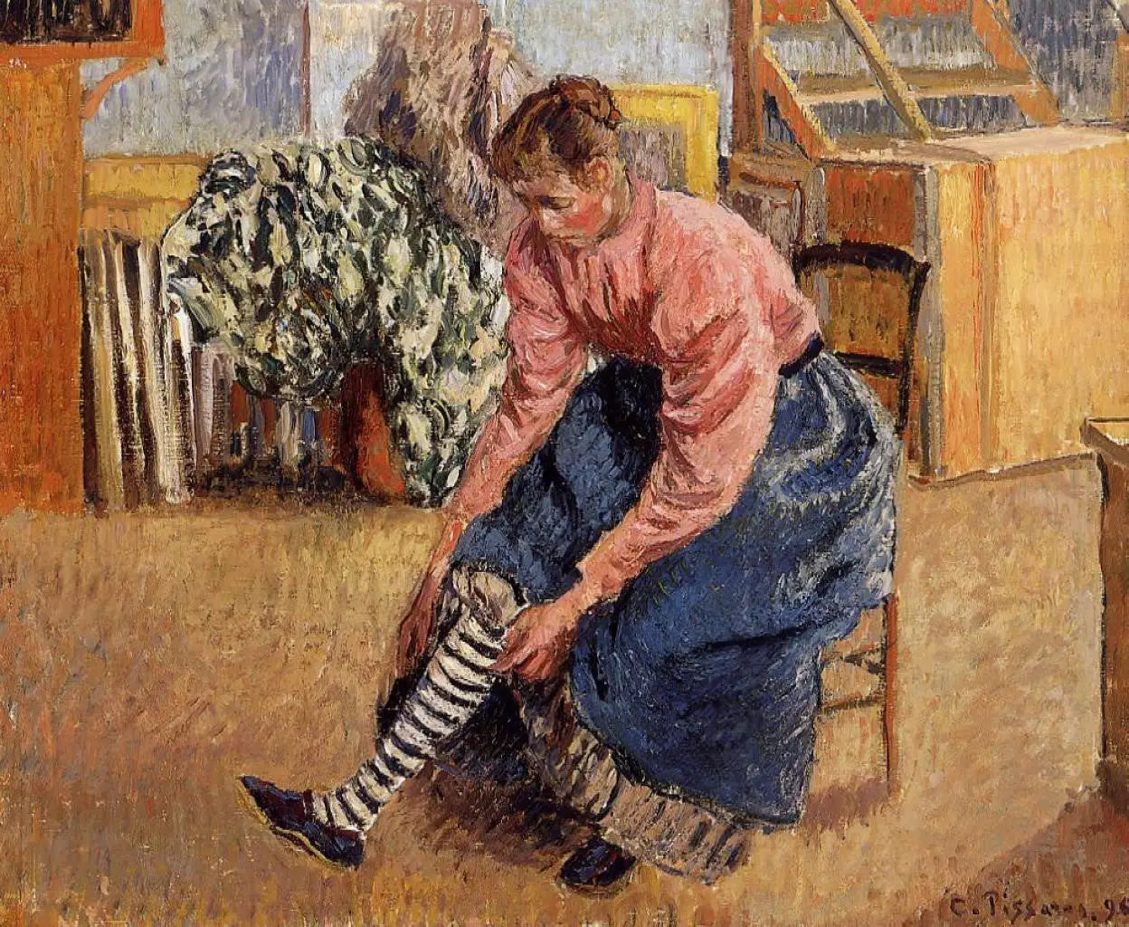 Woman Putting on Her Stockings - Camille Pissarro image 1 tableau peint à l’huile sur toile