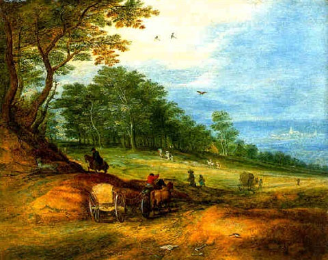 Wooded Landscape with Horse-Drawn Carts, Riders and Peasants - Jan Brueghel le Jeune