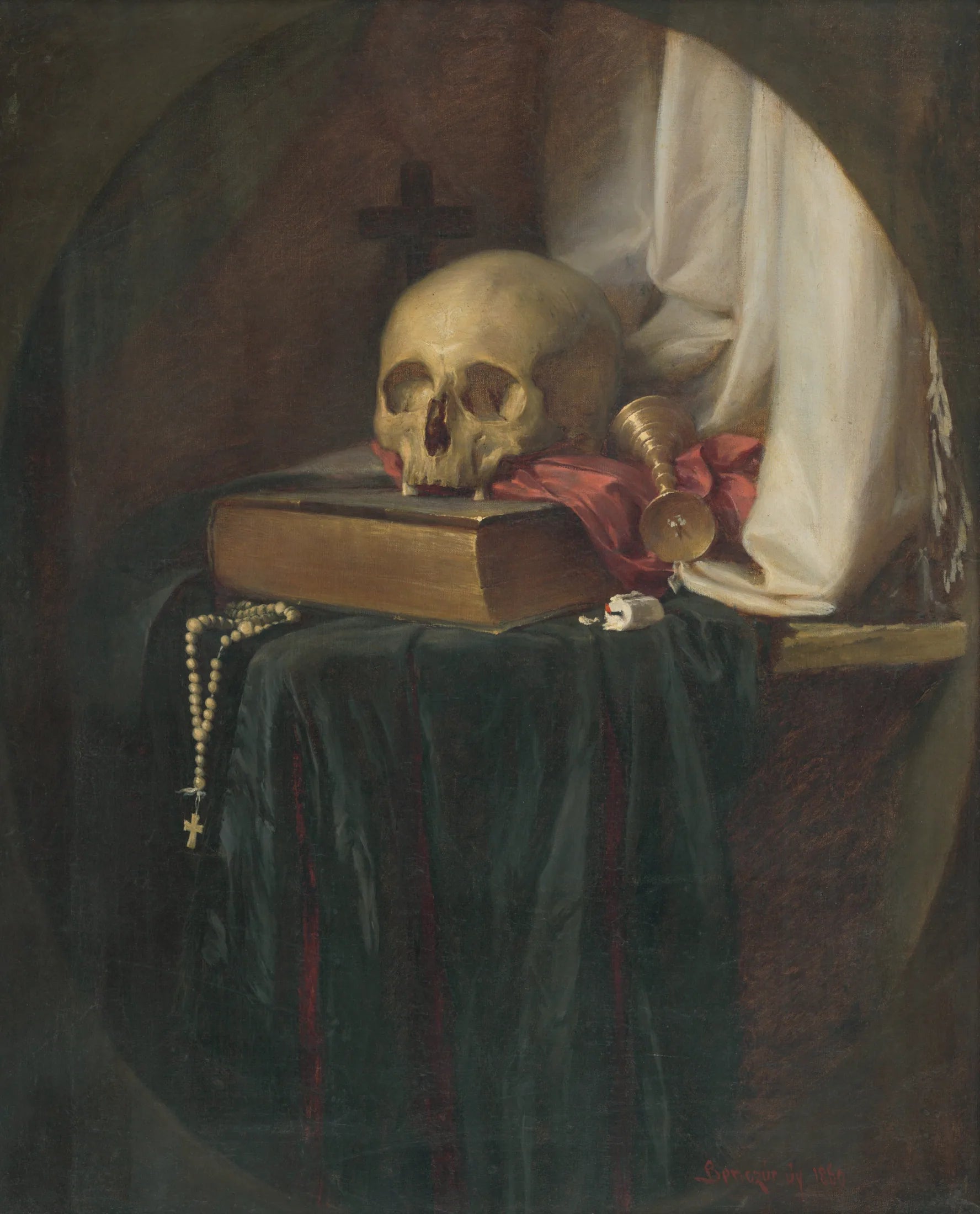 Zátišie s lebkou a knihou - Gyula Benczúr image 1 tableau peint à l’huile sur toile