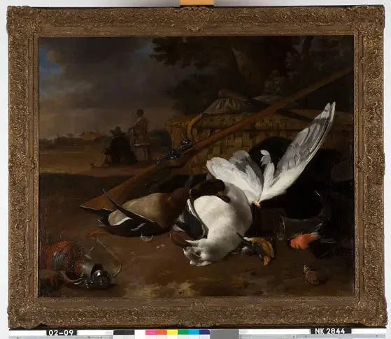 Zeemeeuw en andere dode vogels in avondlandschap - Melchior de Hondecoeter image 1 copie peinte à la main à l’huile